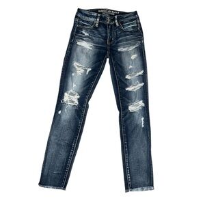 American Eagle Distressed Dark Wash Cropped Jegging Jeans- Size 2 Regular Y2K